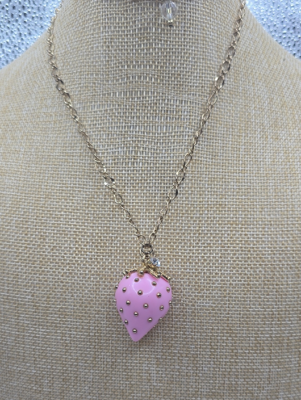 Pink Strawberry Pendant Necklace - Gold Chain